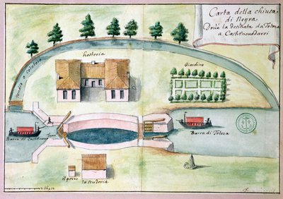 Tekening van de sluis bij Negra aan het Canal du Midi door Francois Andreossy